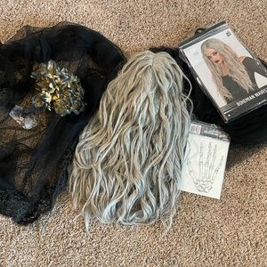 Women’s black two tier veil with grey wig, wristlet bouquet & skeleton tattoos.